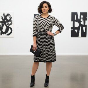 Chic Black Beige Chevron Knit Fit & Flare Midi Dress 3/4 Sleeve Work Office
